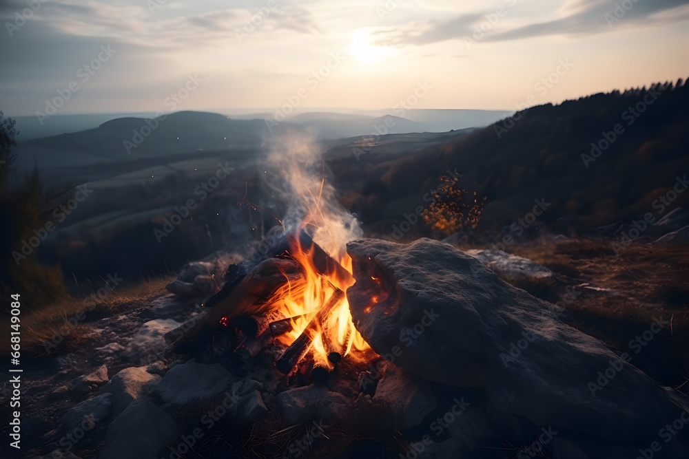 Close up campfire with bright flame. Stunning scenery mountains landscape. Outdoor background, generative ai