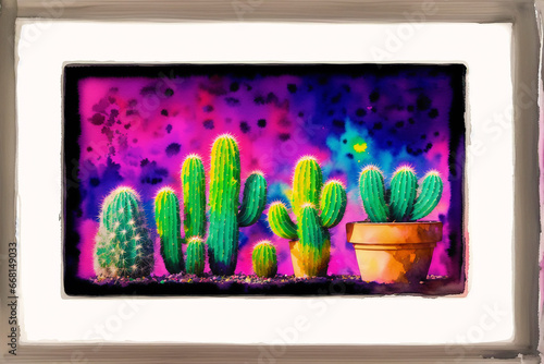 A colorful picture of a variety of cactuses. A colorful cactus painting. Watercolor paint. Digital art  Generative AI