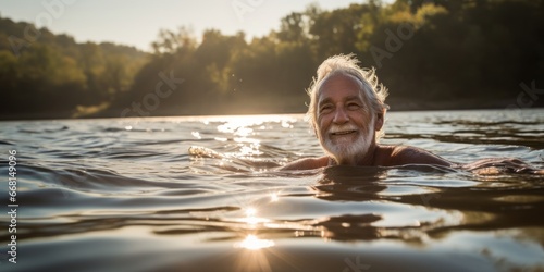 old healthy male man swiming in river fresness cheerful lifestyle nature background photo