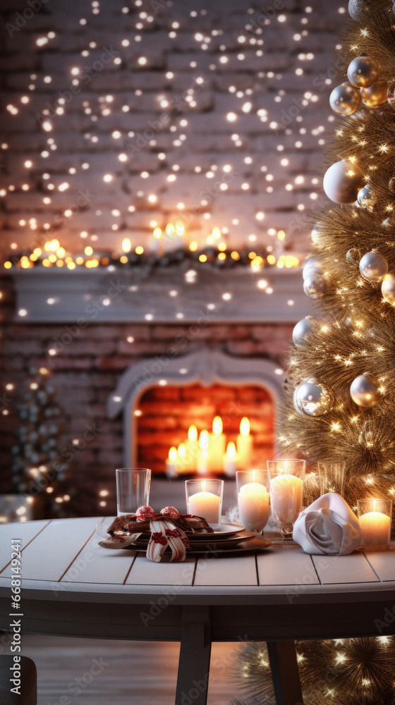 Beautiful Christmas tree with burning candles and cookies on table in room.