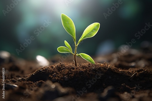 hope and life concept small plant tree growth from soil dirt ground with watering from above with morning sunshine light nature and freshness garden photo