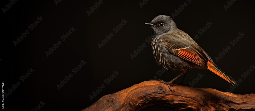 Black redstart a bird species with dark plumage known as Phoenicurus ochruros - obrazy, fototapety, plakaty 