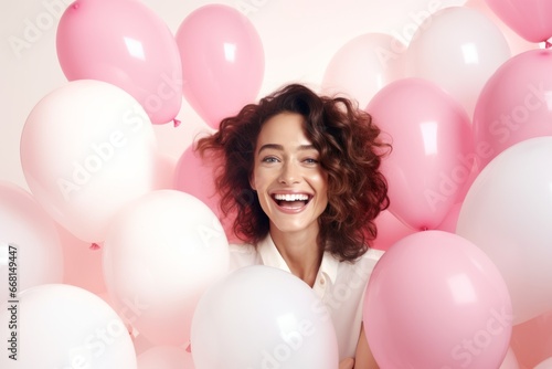 celebrate greeting cheerful surprising freshness smile young woman enjoy colorful balloons in background celebrate festive background