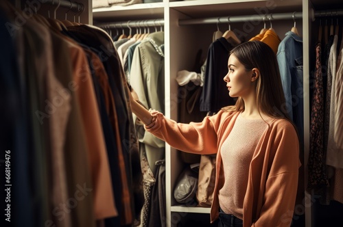 Woman choosing clothes from large wardrobe at morning. Female fashion design on style apparel. Generate Ai