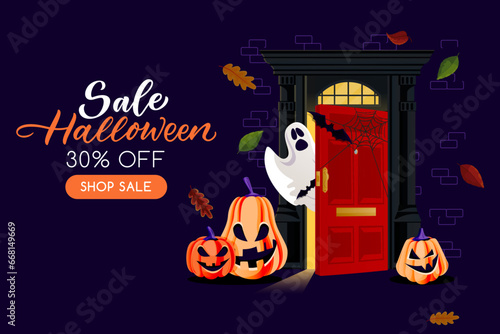 Night background with closed door, ghost, bats, pumpkin lanterns. Vector illustration. Halloween holiday poster, banner