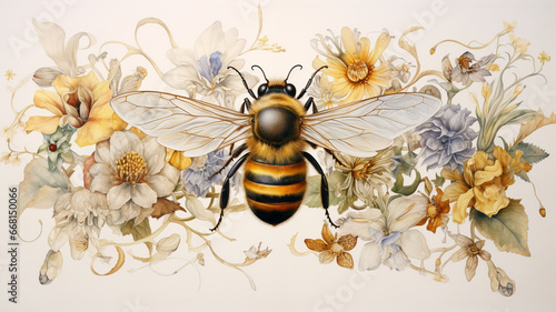 watercolor painting of bee and flowers, bee and honey