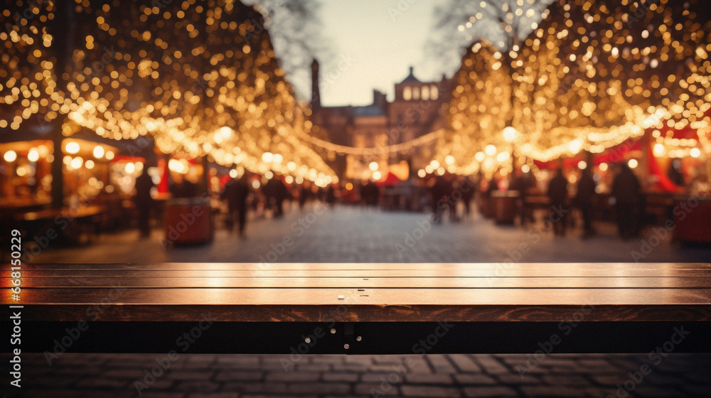 Empty wooden table in front of christmas market. Blurred background.