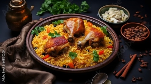 Chicken kabsa - homemade arabian rice, top view