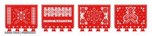 New Year, Merry Christmas, Feliz Navidad set of banners. Mexican Papel Picado garlands, holiday decorations. 