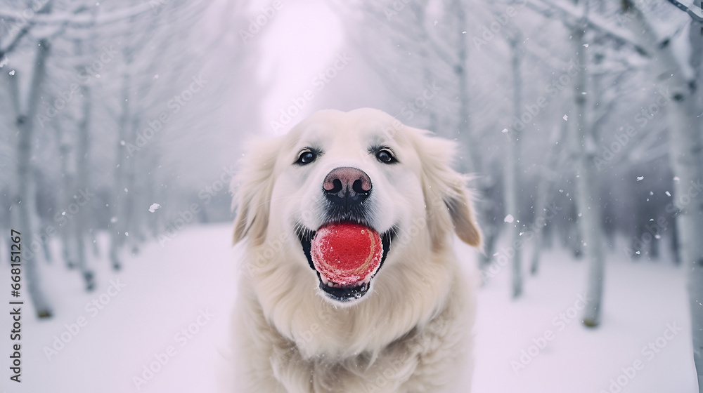 A beautiful Labrador running outside in the snow with a ball in his mouth. Generative AI