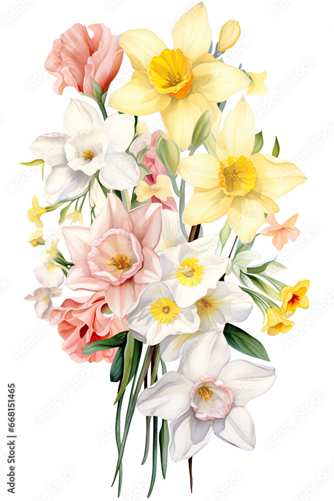 Fototapeta premium Bouquet of multicolored daffodils and roses in watercolor painting