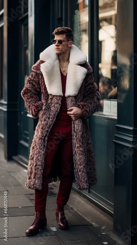 Street clothing style is a fashionable person in an extravagant fur coat after showing a mod on the street photo