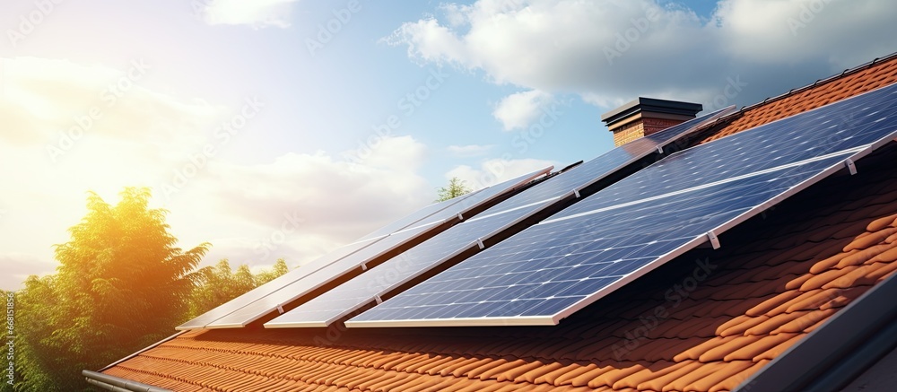 Alternative energy using solar panels on a house roof - obrazy, fototapety, plakaty 