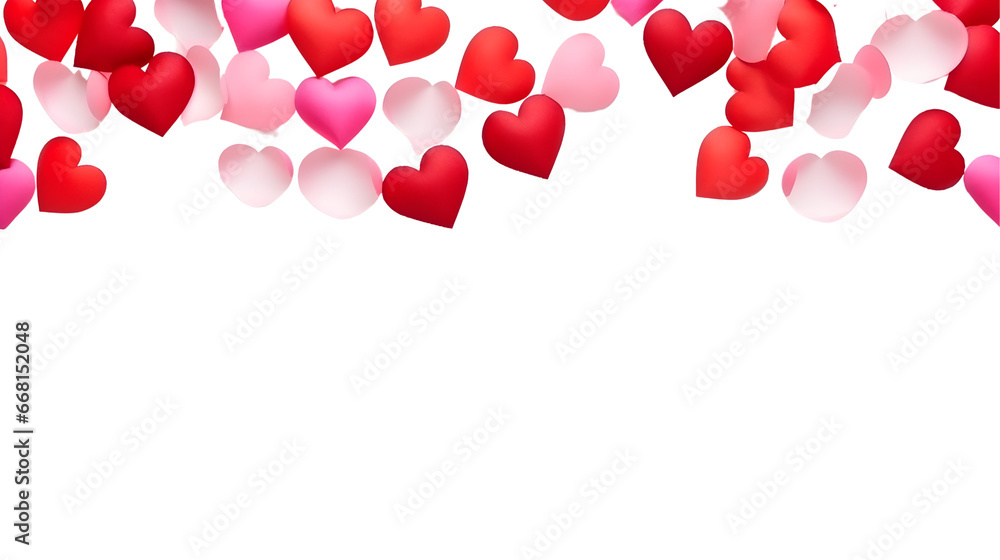 Upper border of red and pink valentine hearts on white background, space for text Upper border of red and pink valentine hearts on white background, space for text