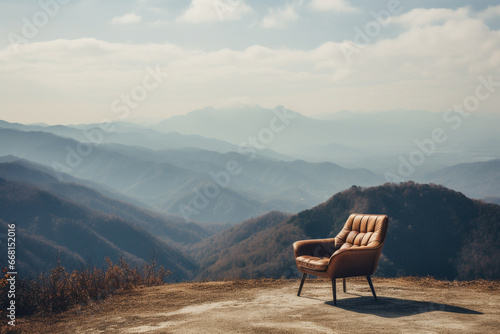 Modern chair funiture with landscape of mountains background.
