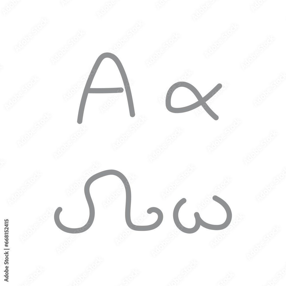 Alpha and omega greek alphabet letters. Small and capital alpha and omega. Scientific doodle handwriting concept. Alpha and omega greek alphabet letters. Small and capital alpha and omega. Scientific doodle handwriting concept.