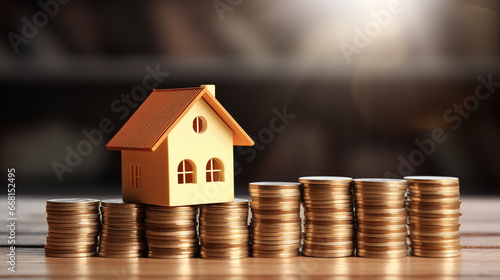 A miniature house sits atop stacks of coins, suggesting the idea of home ownership and financial success, american dream. High quality illustration.