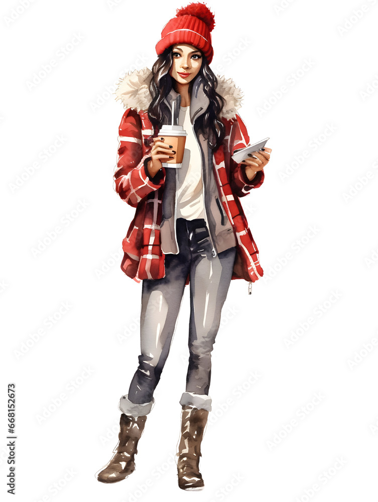 Charming young woman in casual winter clothes, with a hot take out coffee cup.