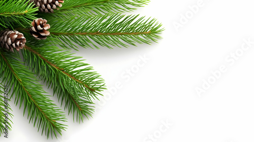 Close-up of vibrant green spruce branches with pinecones, set against a soft-focused verdant backdrop, christmas banner with space for text.