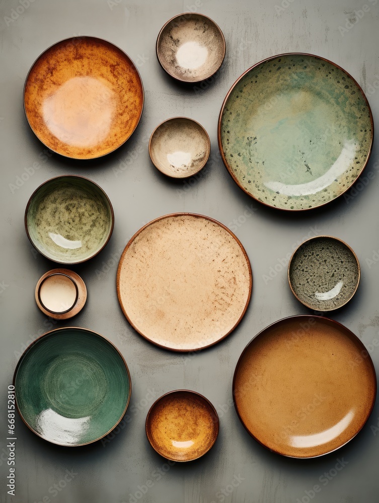 Composition of empty ceramic plates. Flat lay, top view Composition of empty ceramic plates. Flat lay, top view