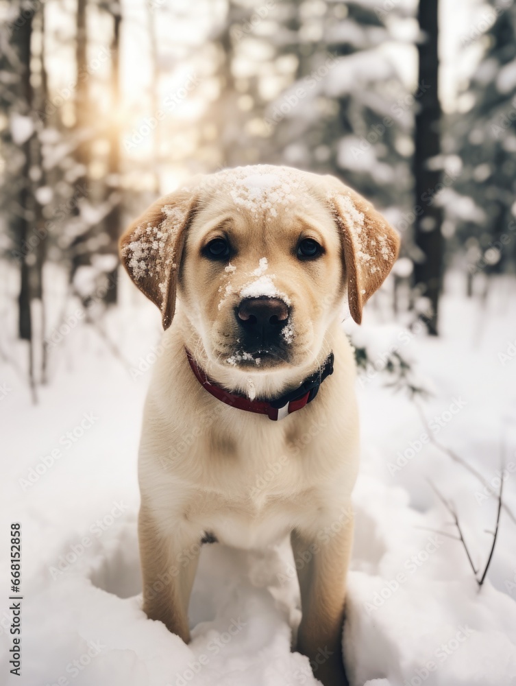 Energetic labrador puppy enjoys snowy winter playtime 