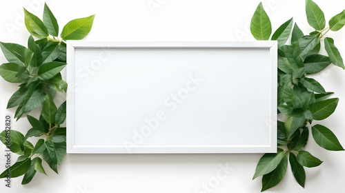 Elegant white rectangular frame adorned with fresh green leaves, simple eco design