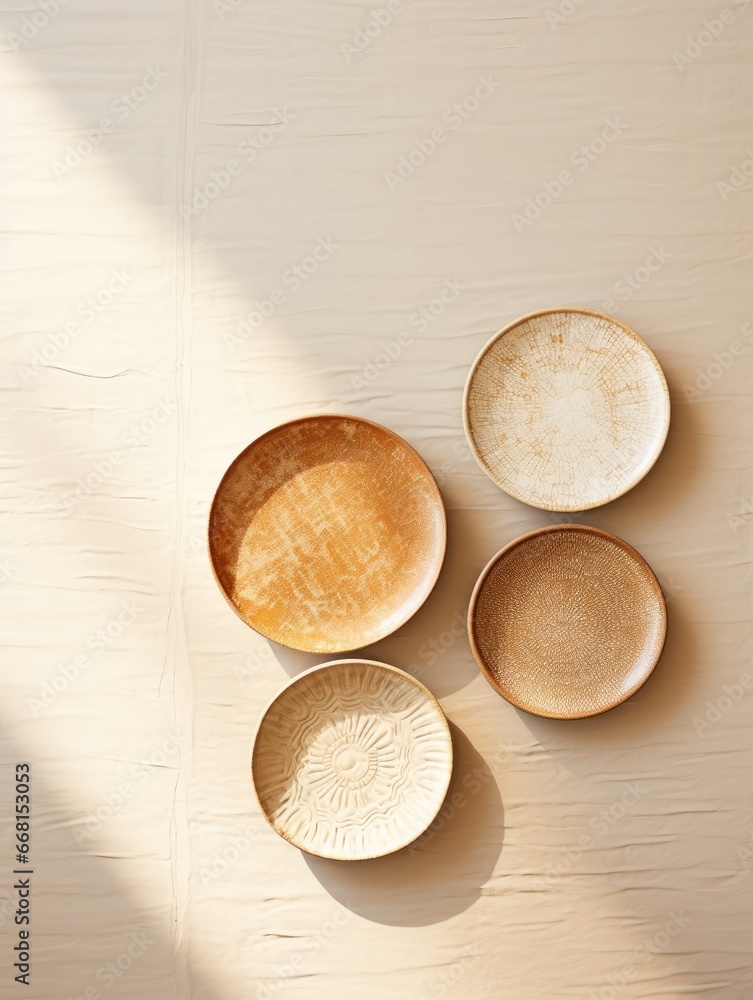 Handmade ceramics, empty craft ceramic plates and bowls on light beige background. Top view, flat lay Handmade ceramics, empty craft ceramic plates and bowls on light beige background. Top view, flat lay