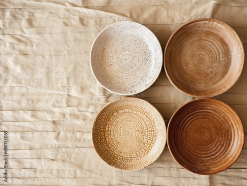 Handmade ceramics, empty craft ceramic plates and bowls on light beige background. Top view, flat lay
