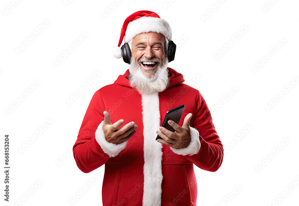 Stylish Santa, a music lover at heart, derives pleasure from beats and rhythm through headphones, cut out. Ideal for holiday music and Christmas parties Stylish Santa, a music lover at heart, derives pleasure from beats and rhythm through headphones, cut out. Ideal for holiday music and Christmas parties