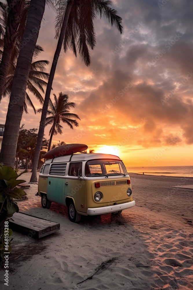 Vintage bus with a surfboard on the roof is a parked near the beach