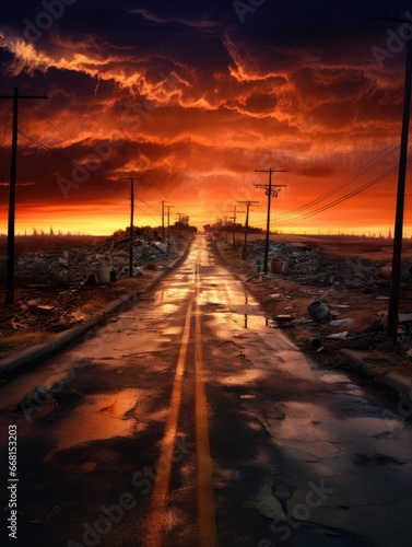 Post apocalyptic background image of wasteland with abandoned and cracked road to nowhere