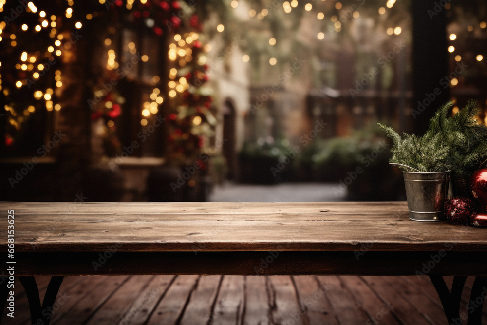 Empty wooden table in front of christmas lights background. Ready for product display. Empty wooden table in front of christmas lights background. Ready for product display.