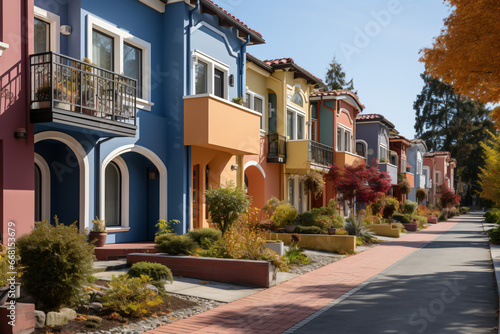 Colorful stucco finish traditional private townhouses. Residential architecture exterior. © HejPrint