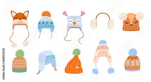 Set of children's warm knitted fur hats with pompoms of different shapes and patterns. Autumn-winter collection of accessories for boys, girls. Vector illustration in flat style on white background. photo