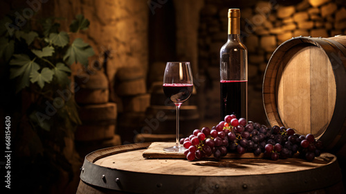 Bottle and glass of red wine next to a wooden barrel
