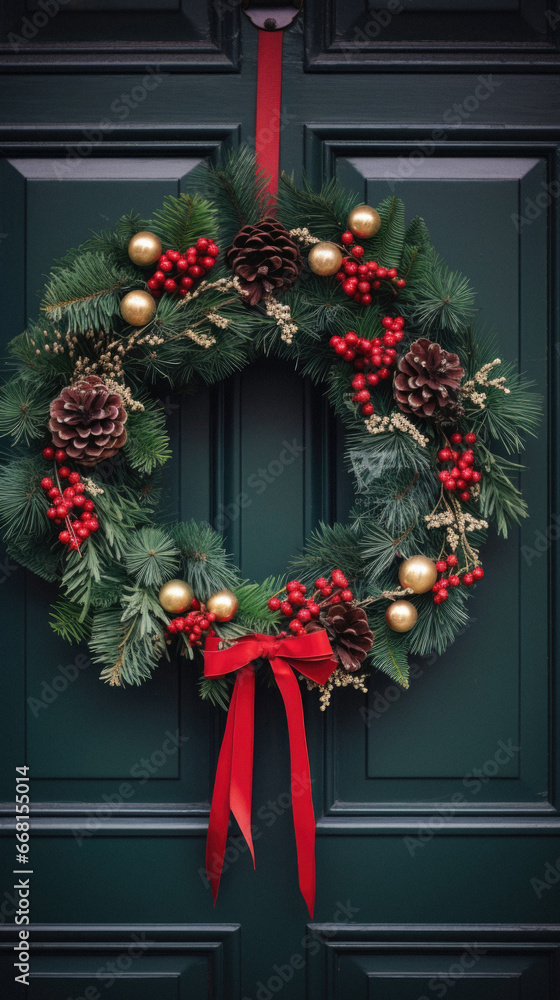Naklejka premium Christmas wreath with red ribbon on green door. Christmas decoration.