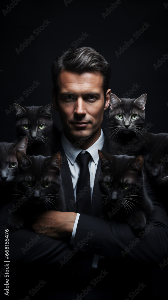Businessman in gray suit and black cats face instead