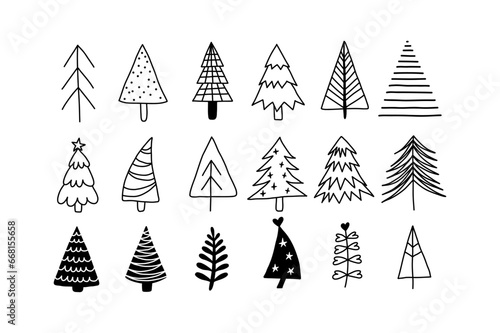 Christmas tree black and white symbols. Fir tree line drawing, vector icon. Holiday design elements are isolated on white. Simple shape conceptfor winter season cards, New Year party posters