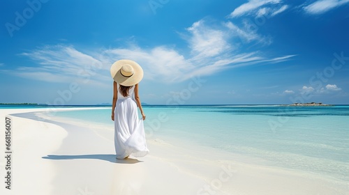 elegant woman in a white dress wearing a sun hat
