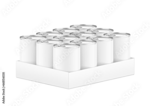 Hight realistic tin can multipack 4x3  mockup. Vector illustration isolated on white background. Easy to use for presentation your product, idea, design. EPS10.