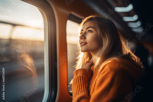 Young Woman Enjoying Train Ride in Cozy Outfit. Generative Ai.