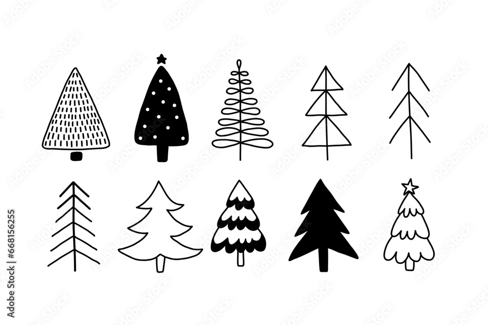 Obraz premium Christmas tree black and white symbols. Fir tree line drawing, vector icon. Holiday design elements are isolated on white. Simple shape conceptfor winter season cards, New Year party posters