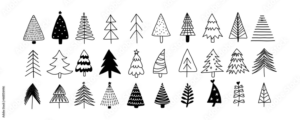 Christmas tree black and white symbols. Fir tree line drawing, vector icon. Holiday design elements are isolated on white. Simple shape conceptfor winter season cards, New Year party posters Christmas tree black and white symbols. Fir tree line drawing, vector icon. Holiday design elements are isolated on white. Simple shape conceptfor winter season cards, New Year party posters