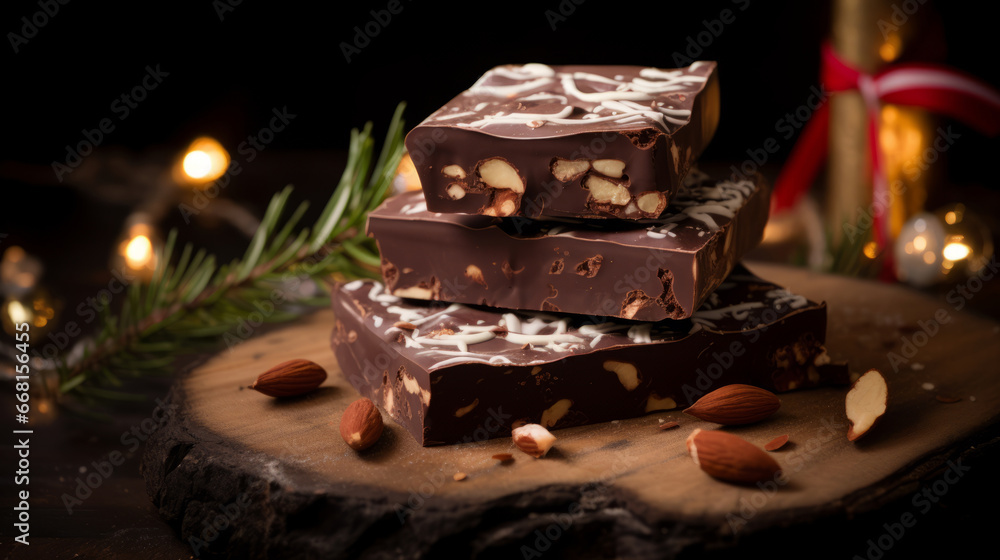 a stack of homemade chocolate pieces with almonds,  Christmas treats - obrazy, fototapety, plakaty 