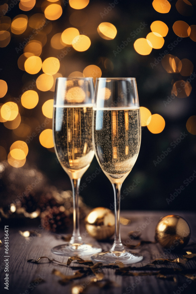 Two glasses of champagne on bokeh background. New Year and Christmas. Two glasses of champagne on bokeh background. New Year and Christmas.