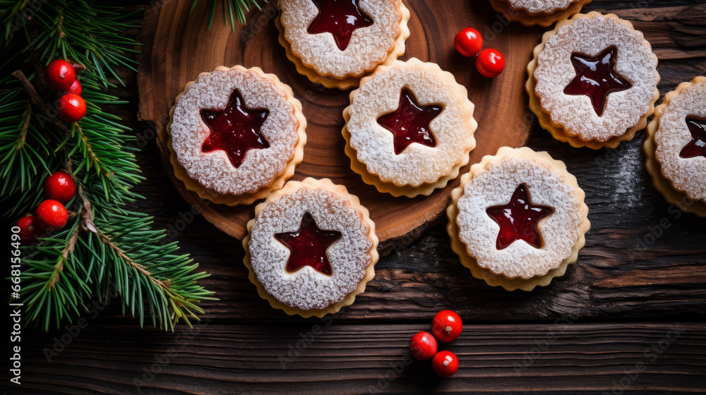 top view of Linzer cookies with sweet red jam and fir tree branches on a dark wooden table, flat lay top view of Linzer cookies with sweet red jam and fir tree branches on a dark wooden table, flat lay