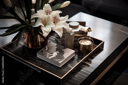 Close-up modern Living Room Decor on coffee table.Interior design concept