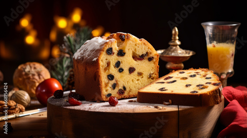 Italian Panettone with raisins and dried apricots on a wooden table and bokeh background, traditional Christmas pastry