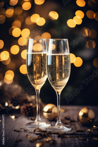 Two glasses of champagne on bokeh background. New Year and Christmas.