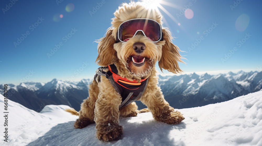 Fotografia psa z goglach przeciwsłonecznych na szczycie góry podczas słonecznego dnia - obrazy, fototapety, plakaty 